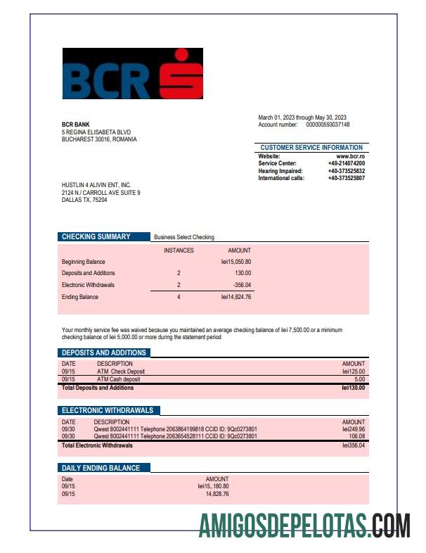 Realista BCR empresa bancária extrato de Conta Corrente Modelo Word e PDF